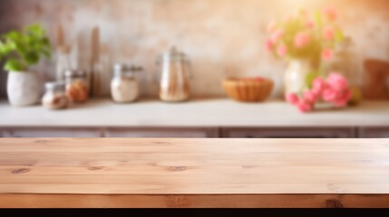 Fototapeta na wymiar Rustic Culinary Charm: Neat Wooden Table in the Midst of a Cozy Kitchen Scene. Generative AI.