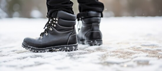 Close-up of black leather winter boots ice skating during the snow season.