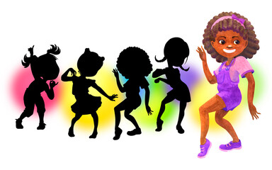 Afro american school-age girl dancing merrily. Find the shadow game. Clipart. Isolated watercolor illustration for design of cards, posters, t-shirt printing