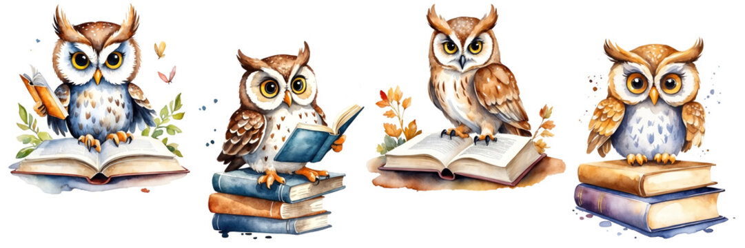 set of cute owls read a book, watercolor illustrations on transparent background
