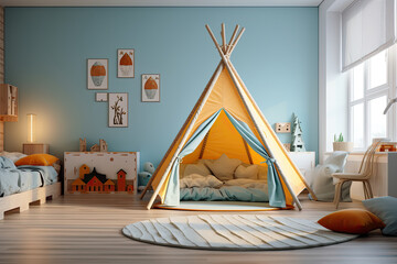 interior of children's room with tepee bed. dreamy and modern kid's room, children's play room.