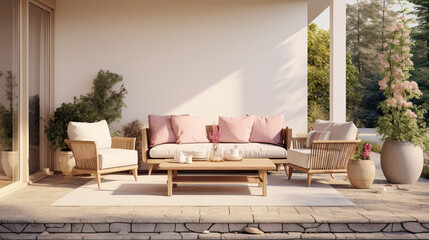 outdoor modern patio living room design with white sofa. patio with tropical plants in outdoor garden - obrazy, fototapety, plakaty