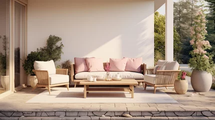 Fotobehang outdoor modern patio living room design with white sofa. patio with tropical plants in outdoor garden © Rangga Bimantara