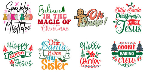 Merry Christmas and Happy New Year Typography Set Retro Christmas Vector Illustration for Printable, Infographic, Presentation