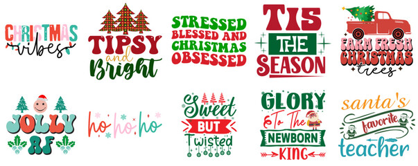 Merry Christmas and New Year Typographic Emblems Collection Vintage Christmas Vector Illustration for Label, Decal, Sticker