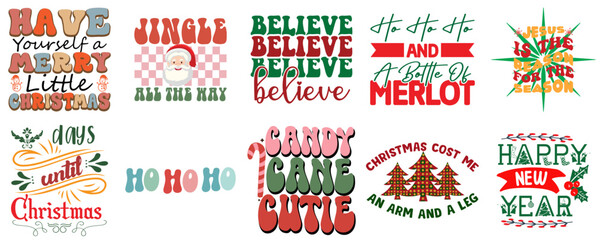 Merry Christmas Typographic Emblems Set Vintage Christmas Vector Illustration for Printing Press, Holiday Cards, Poster