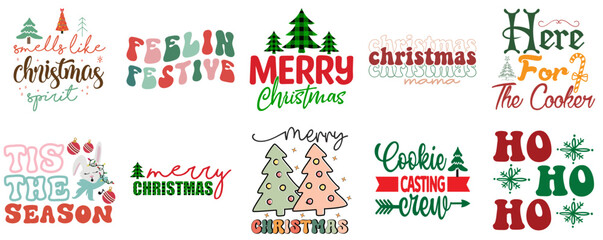 Merry Christmas and Holiday Celebration Hand Lettering Set Vintage Christmas Vector Illustration for Magazine, Logo, Mug Design
