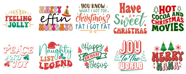 Happy Holiday and Winter Phrase Collection Vintage Christmas Vector Illustration for Magazine, Sticker, Newsletter