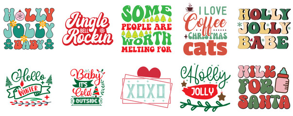Holiday Celebration and Winter Typography Set Vintage Christmas Vector Illustration for Bookmark, Decal, Wrapping Paper