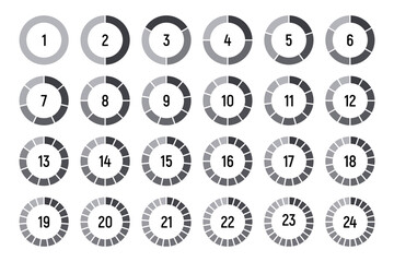 Circles divided into parts from 1 to 24. Black round chart for infographic, pie portion or pizza slice. Wheel division into fractions, circular shape sectors on white background.