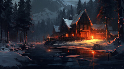 Winter banner with a house in a frost forest