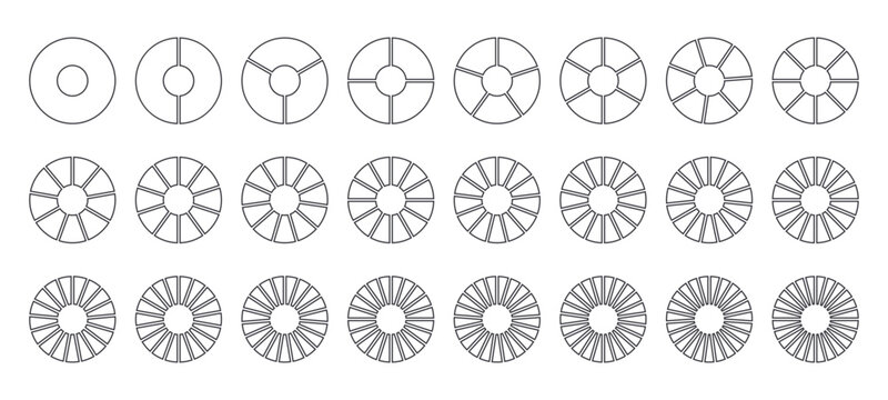 Circles divided into parts from 1 to 24. Outline round chart for infographic, pie portion or pizza slice. Wheel division into fractions, circular shape sectors on white background.