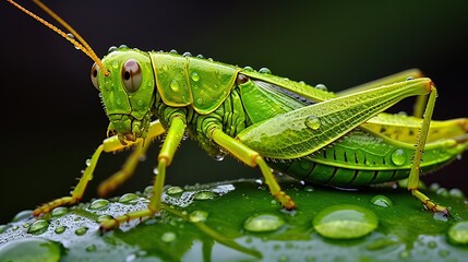 Fototapeta premium Large grasshopper on a raindrop green leaf.