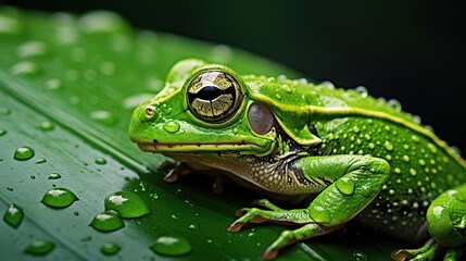 Obraz premium A green frog sits on a leaf with water drops.