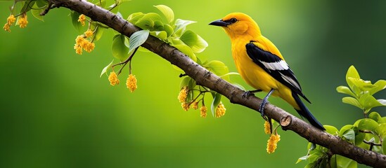 Male Indian golden oriole perched on a tree.