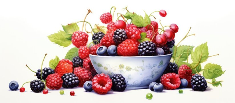Illustration of mixed berries in a watercolor basket.