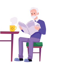 Sad old man sitting at table with cup of hot drink and reading newspaper