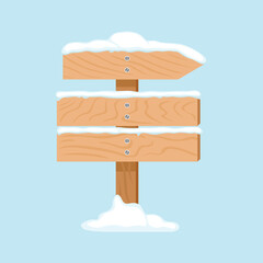 Wooden signpost arrow in snow isolated on blue background. Vector illustration of road direction. Vector winter illustration. Cartoon flat style.