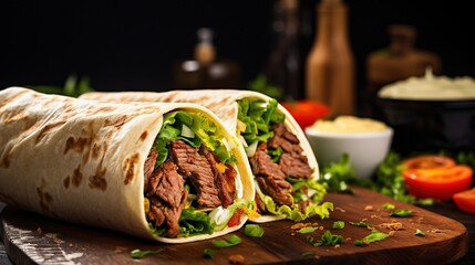 Fresh grilled donner or shawarma beef wrap roll hot ready to serve and eat as wide banner with copy space area