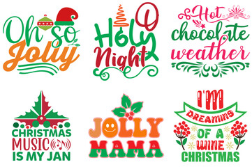 Christmas and New Year Typographic Emblems Bundle Christmas Vector Illustration for Wrapping Paper, Sticker, Banner