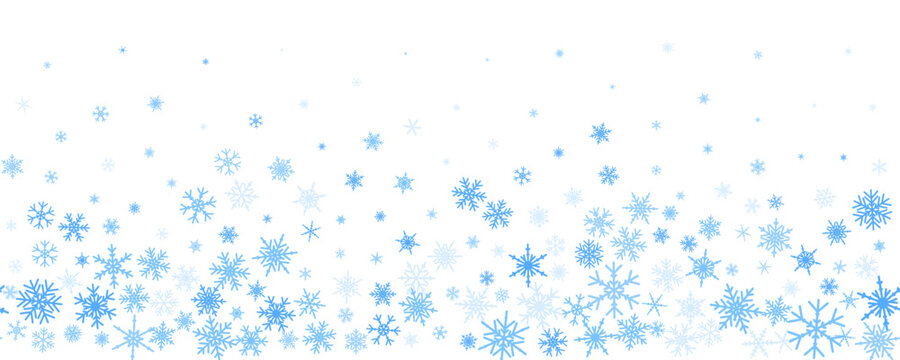 Snowflakes vector background. Winter holiday decor with blue crystal elements. Graphic icy frame isolated on white backdrop.