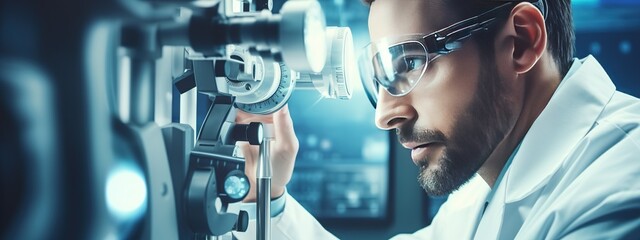 Doctor at a optical clinic with futuristic ophthalmoscope equipment performing eye test and vision cure research as wide banner with copy space area