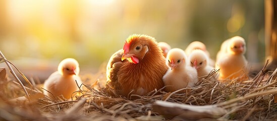Hens hatching eggs in a rural farm. Fresh countryside eggs.