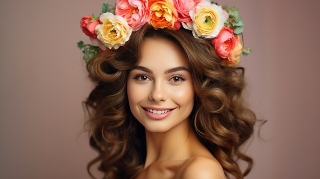 Portrait of a young cheerful woman with a hairstyle decorated with a flower wreath on her head on a background, stock photography