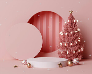 3d Christmas tree podium. Realistic 3d design stage podium. Decorative festive elements glass bauble balls. Xmas holiday template podium.