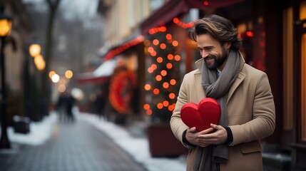 Man in love holds in his hands a red heart symbol of love, happy valentines day celebration
