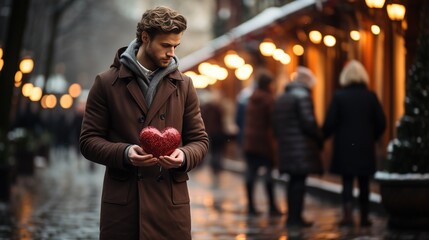 Sad man holding a red heart in his hands, parting, love failures - obrazy, fototapety, plakaty