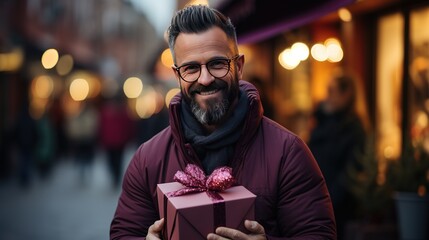 Man holds in his hands a gift box with ribbon