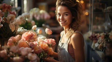 Happy pretty Florist woman in flower shop. Favorite hobbie