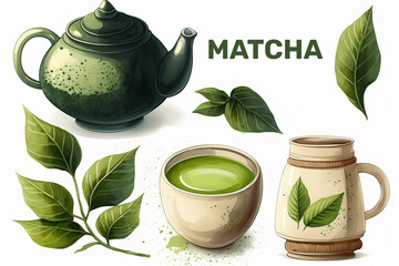 Matcha latte instruction. illustration of steps to get finished Japanese healthy drink with green tea powder, whisk, tea pot, bamboo spoon, cup, bowl, leaves. Traditional ceremony with Matcha