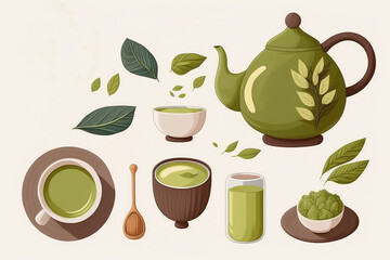 Set of hand drawn Japanese matcha tea ingredient and traditional ceremony elements, matcha latte, pie, dessert, cup, spoon, matcha leaf.