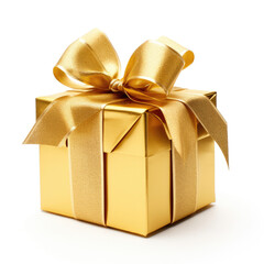 Christmas gift box with golden bow on white background
