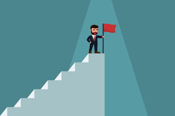 A successful businessman holds a red flag on the stairs. Successful business concept. Making an effort to climb to the top of the ladder of success. Vector illustration