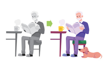 Elderly man sits in chair reads with dog, vector happy grandfather having a good time and sad alone, lonely old people