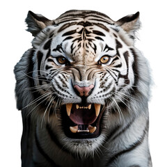 White tiger close-up, roaring isolated on transparent background, cutout PNG file.