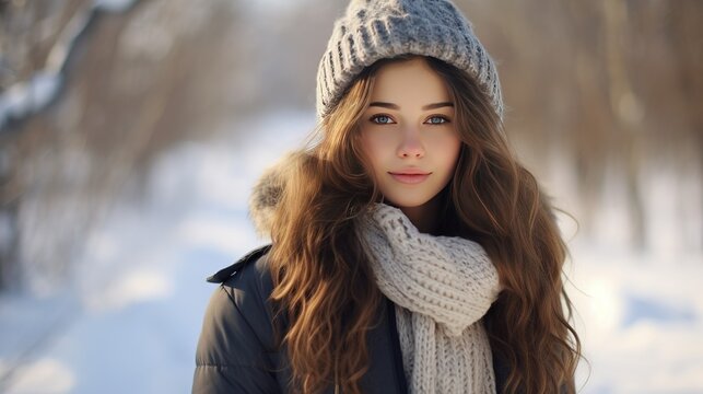 Young Woman in winter. Beautiful Girl in winter clothes in wintertime outdoor