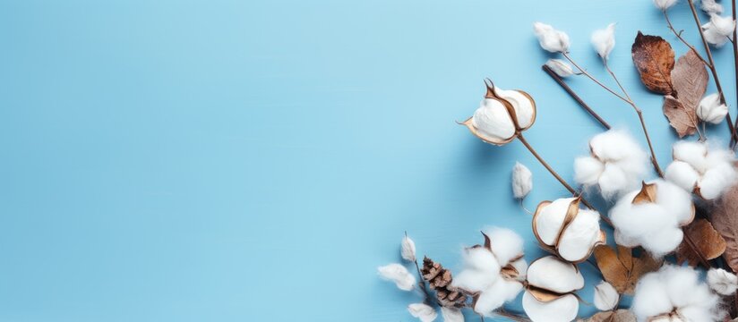 Autumn-themed flat lay with dried leaves and cotton flowers on pastel blue background.