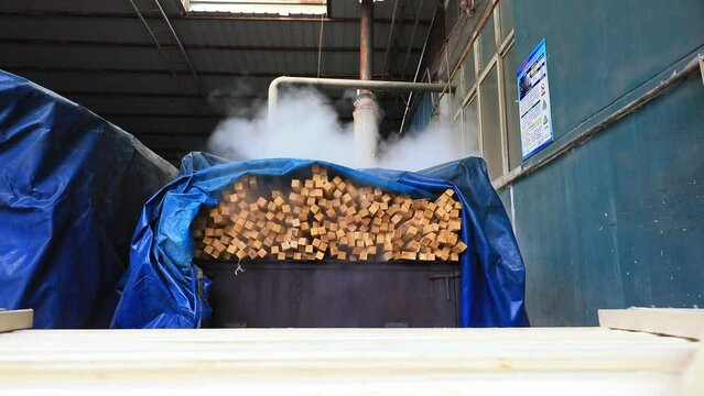 Wood handle fumigation production line in a steel shovel factory