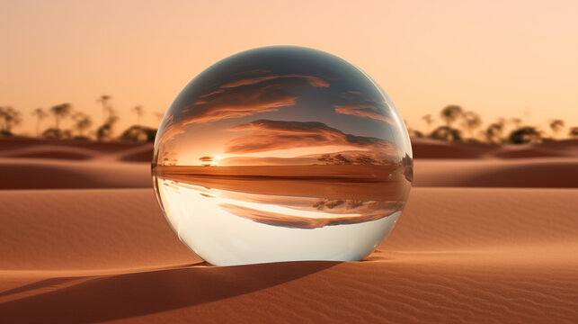 Glass ball relect desert landscape view on earth 