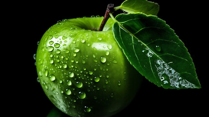 green fresh  apple with water drop isolated on black