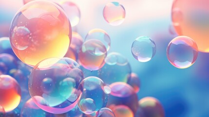 An iridescent air bubble on a background with a gradient. A lot of bubbles are flying in a chaotic manner.