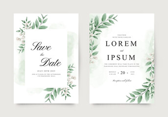 Two sided wedding invitation with green leaves and watercolor flowers