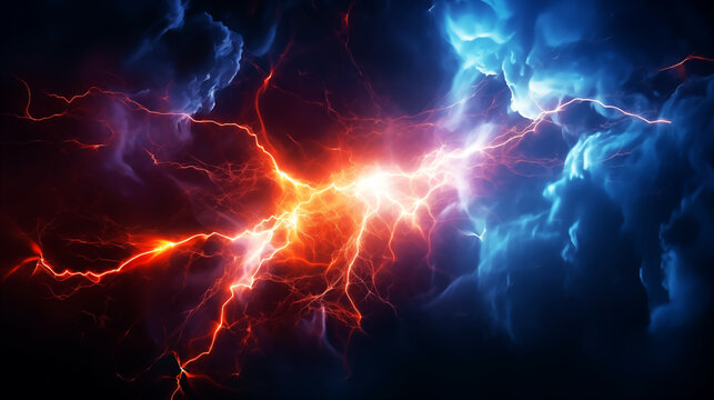 Strike of lightning on dark, futuristic light background.	