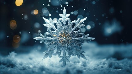 Fototapeta na wymiar Snowflake close-up illustration. Snow flake on the ground. Generative ai