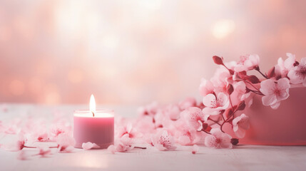 Mockup background with candle, pink flowers and petals on light background