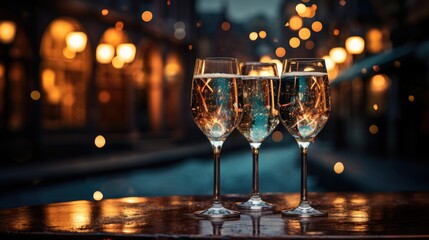 Three glasses of champagne on Christmas eve. Generative AI
